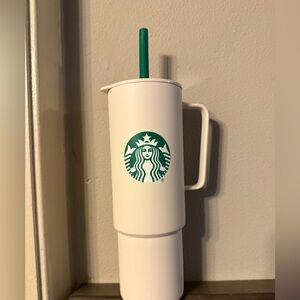 Rare Starbucks White Mug with Green Logo and bendy Straw